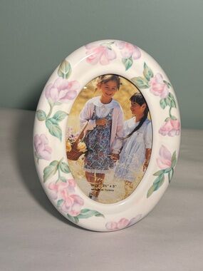 Oval Ceramic Photo Frame with Pink Floral Accent